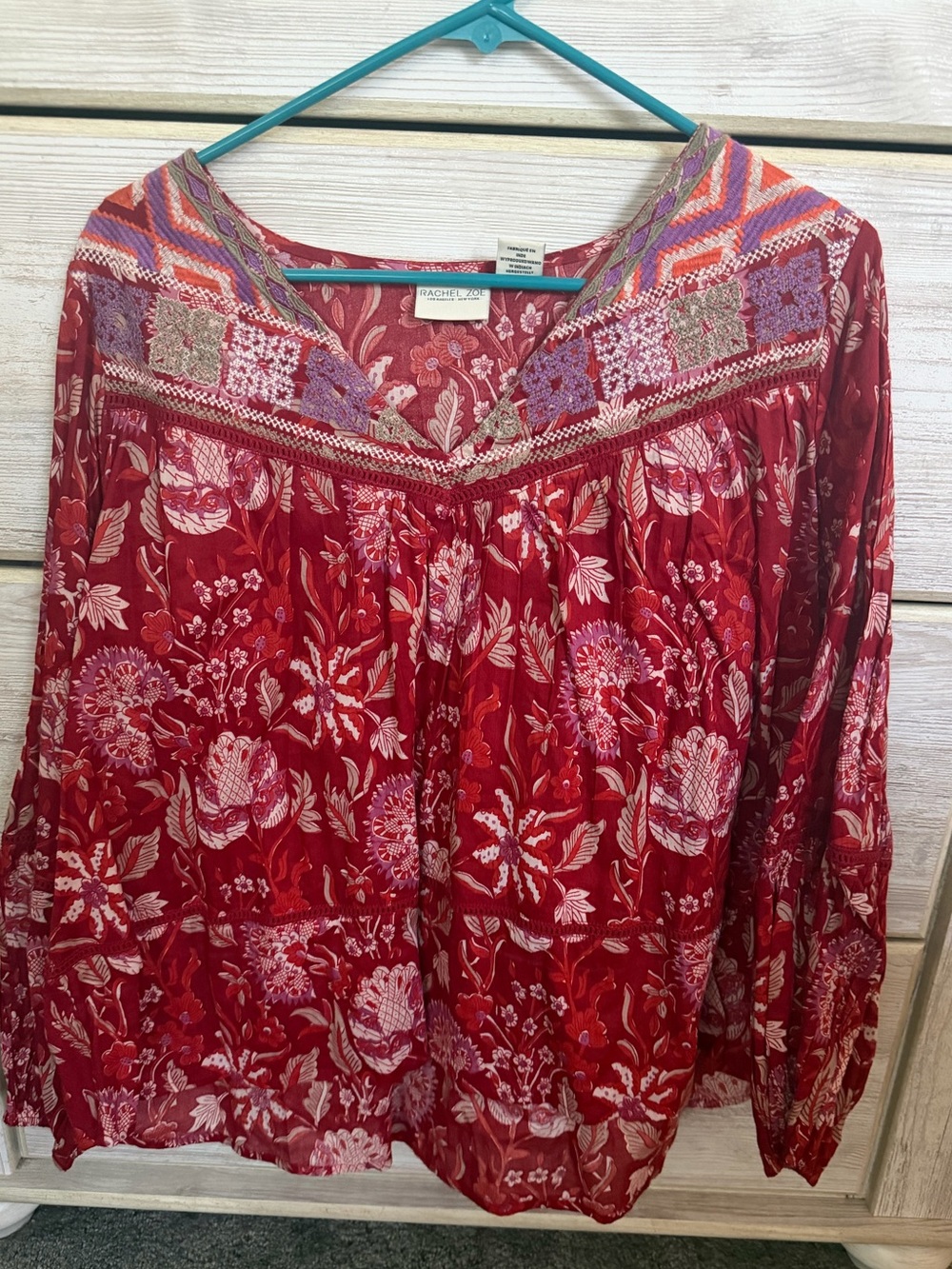 Rachel Zoe Red Floral Embroidered Peasant Top